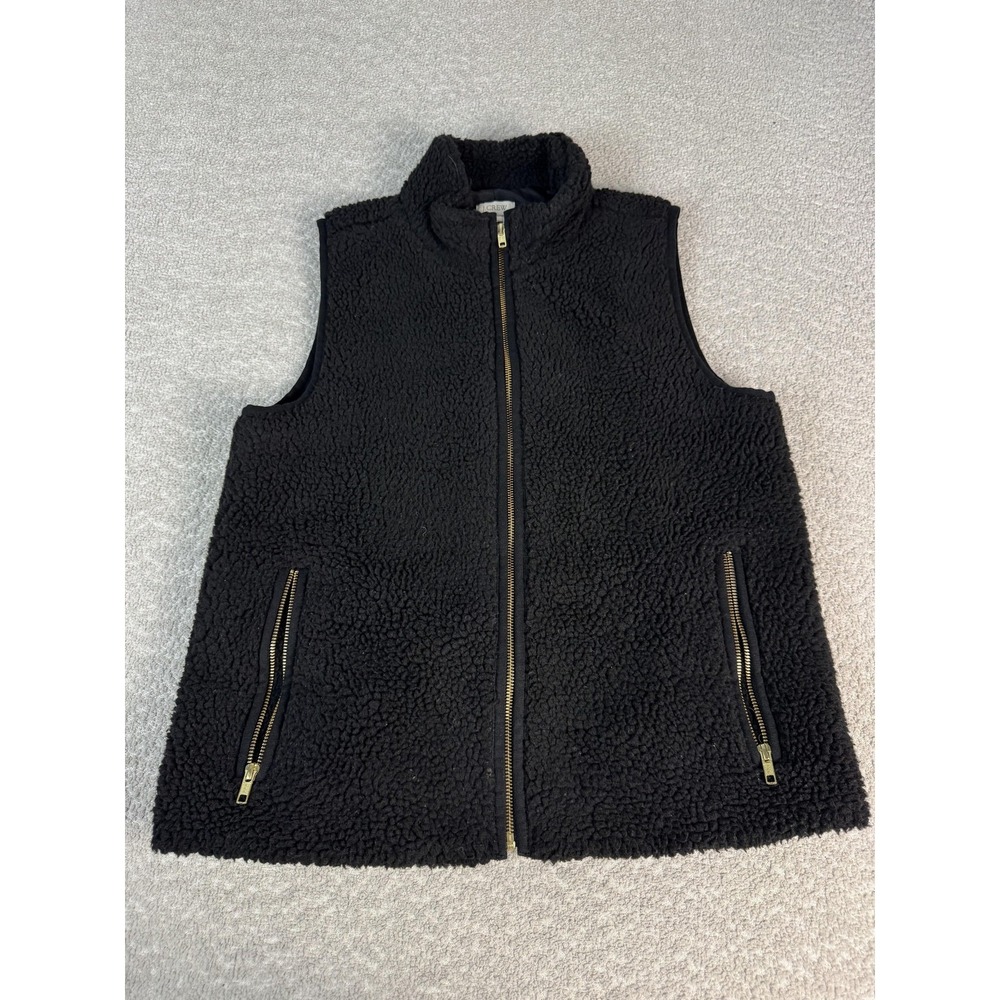 J Crew Vest Womens Medium Black Sherpa Fleece Full Zip Lined Pockets Mock Neck